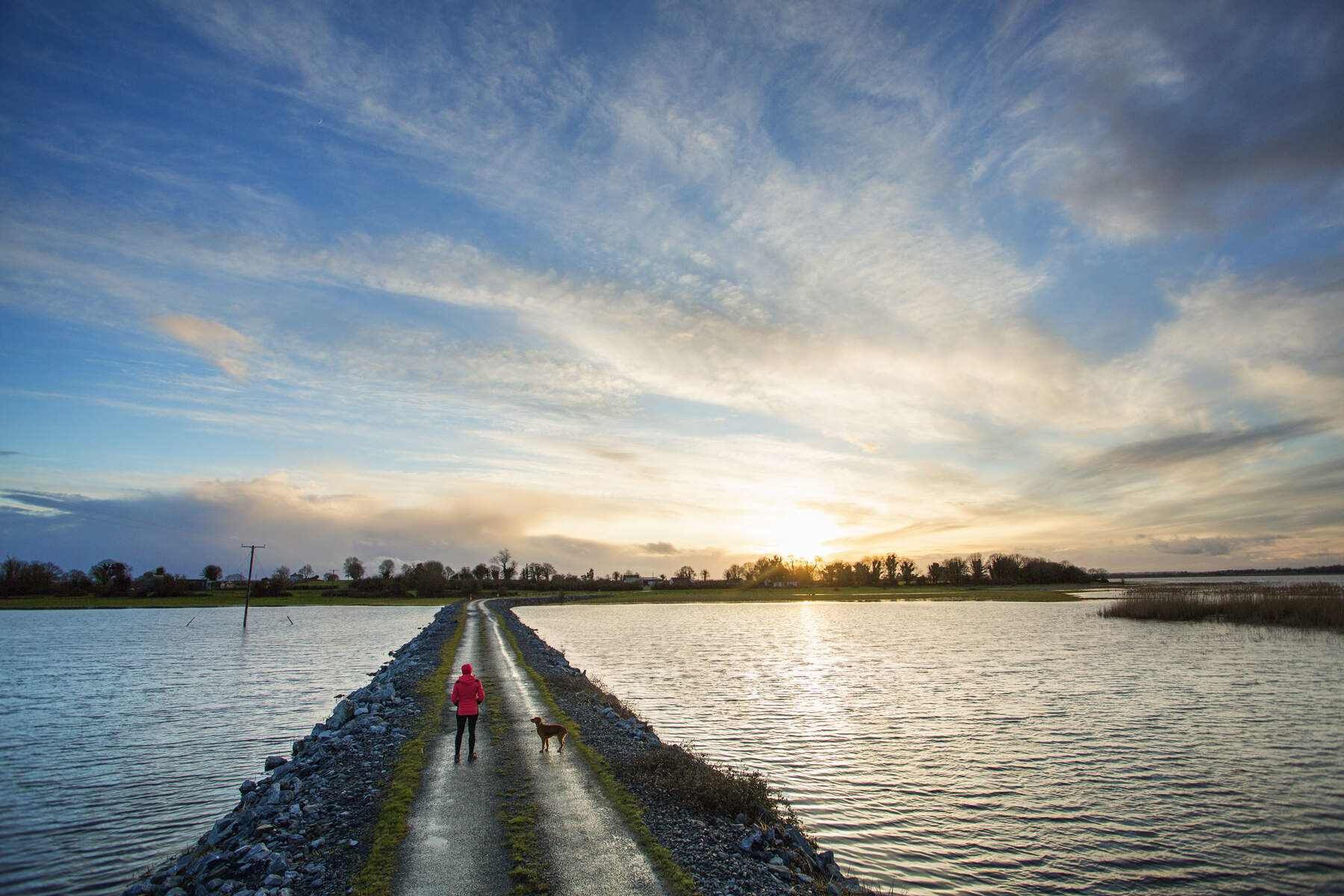 Woman and dog watching the sun set over Saints Island Co Longford Web Size 1