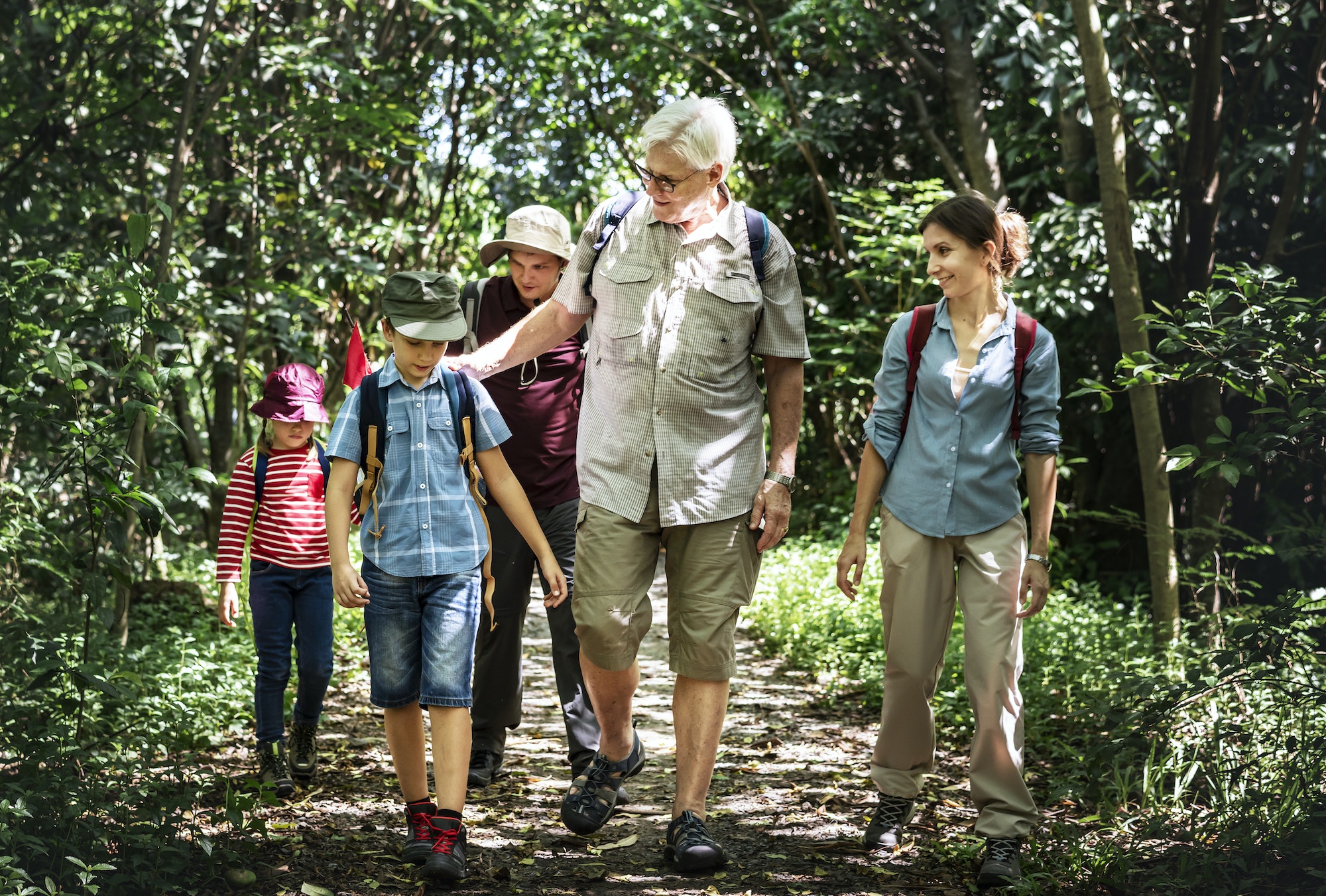 family hiking in a forest